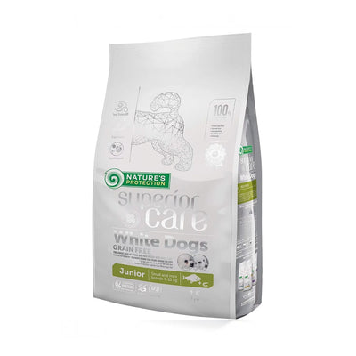 Nature's Protection Superior Care White Dogs, Hrana Uscata pentru Caini Junior, Talie Mica cu Blana Alba, cu Peste Alb, Fara Cereale, 1.5kg / 10kg