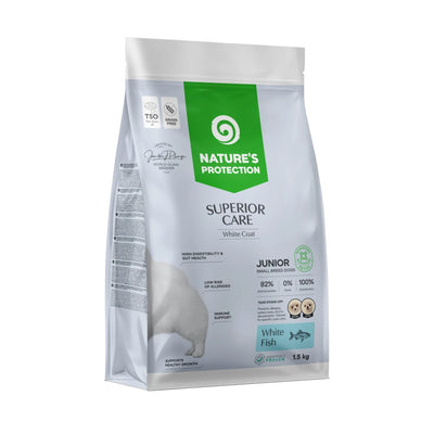 Nature's Protection Superior Care White Dogs, Hrana Uscata pentru Caini Junior, Talie Mica cu Blana Alba, cu Peste Alb, Fara Cereale, 1.5kg / 10kg