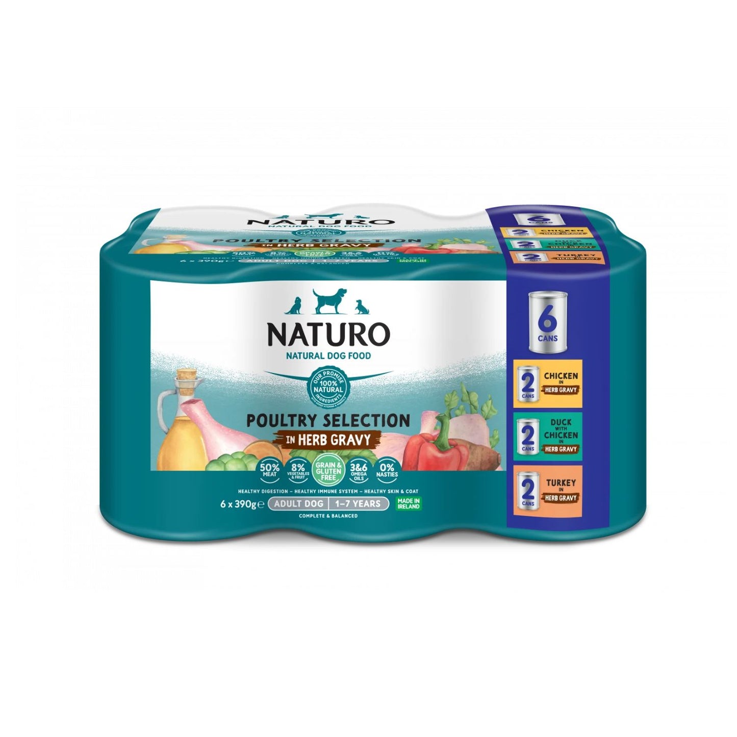 Naturo Adult Dog Variety Pack, Pachet 6 Conserve cu Pui, Rata, Curcan, 6 bucati x 390g