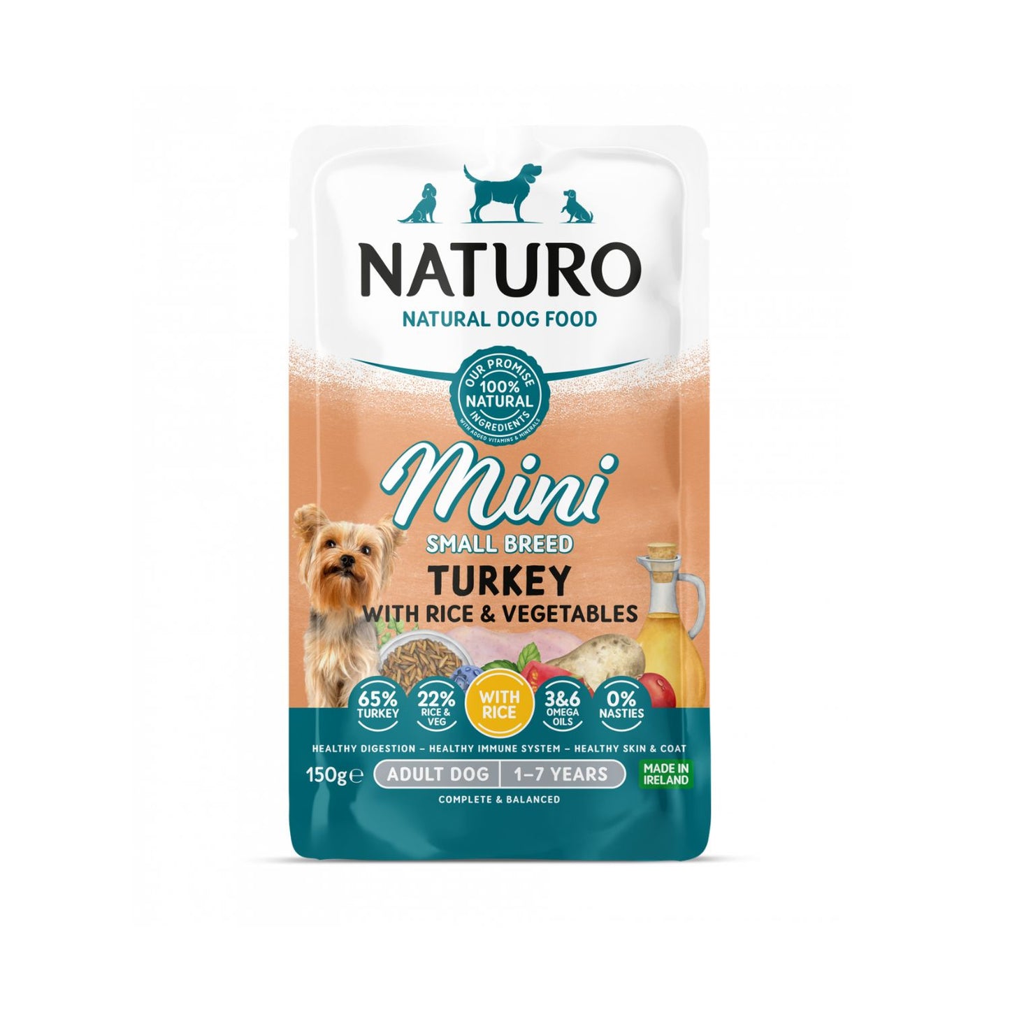 Naturo Adult Dog, Hrana Umeda pentru Caini Adult, Talie Mica, cu Carne de Curcan si Orez, 150g