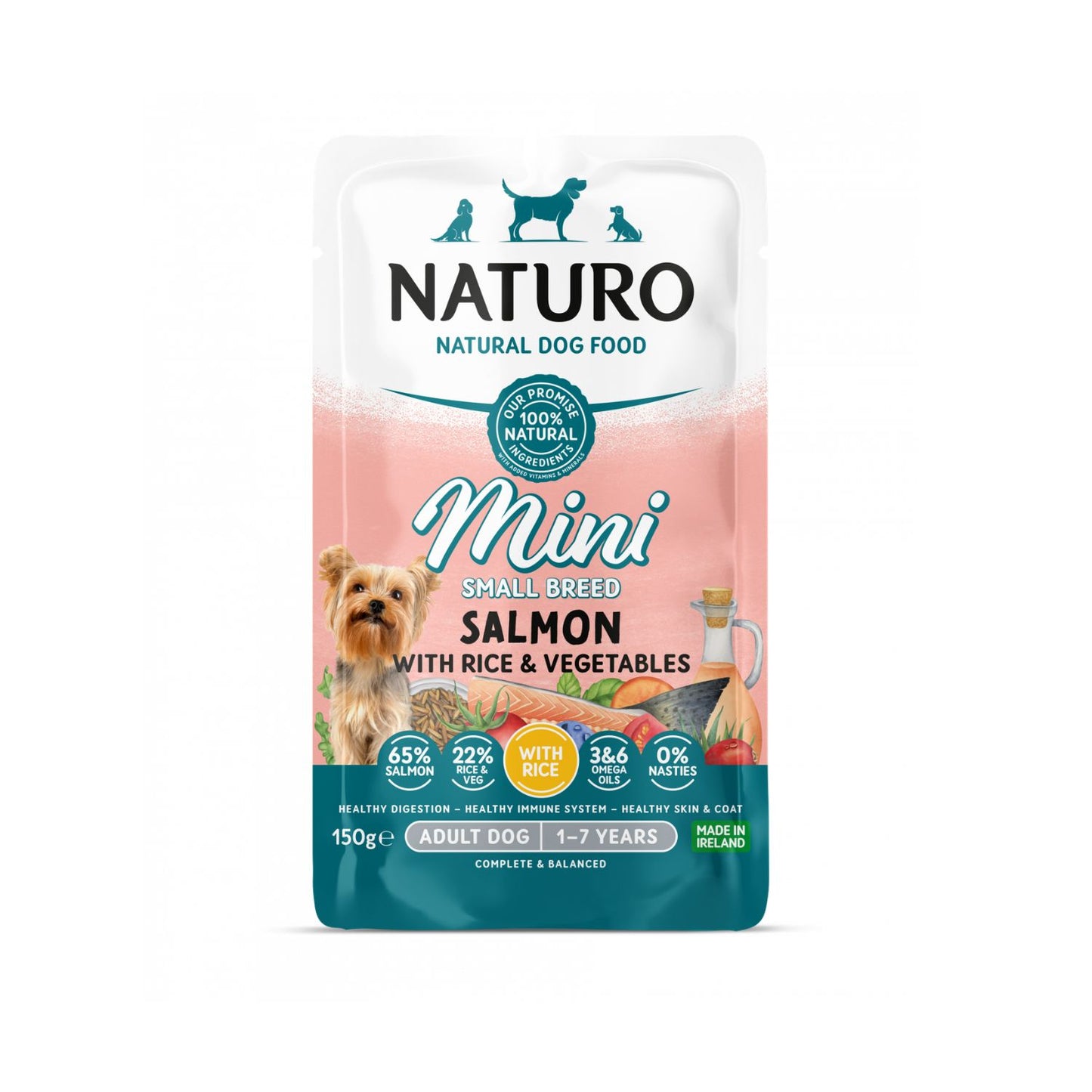 Naturo Adult Dog, Hrana Umeda pentru Caini Adult, Talie Mica, cu Somon si Orez, 150g