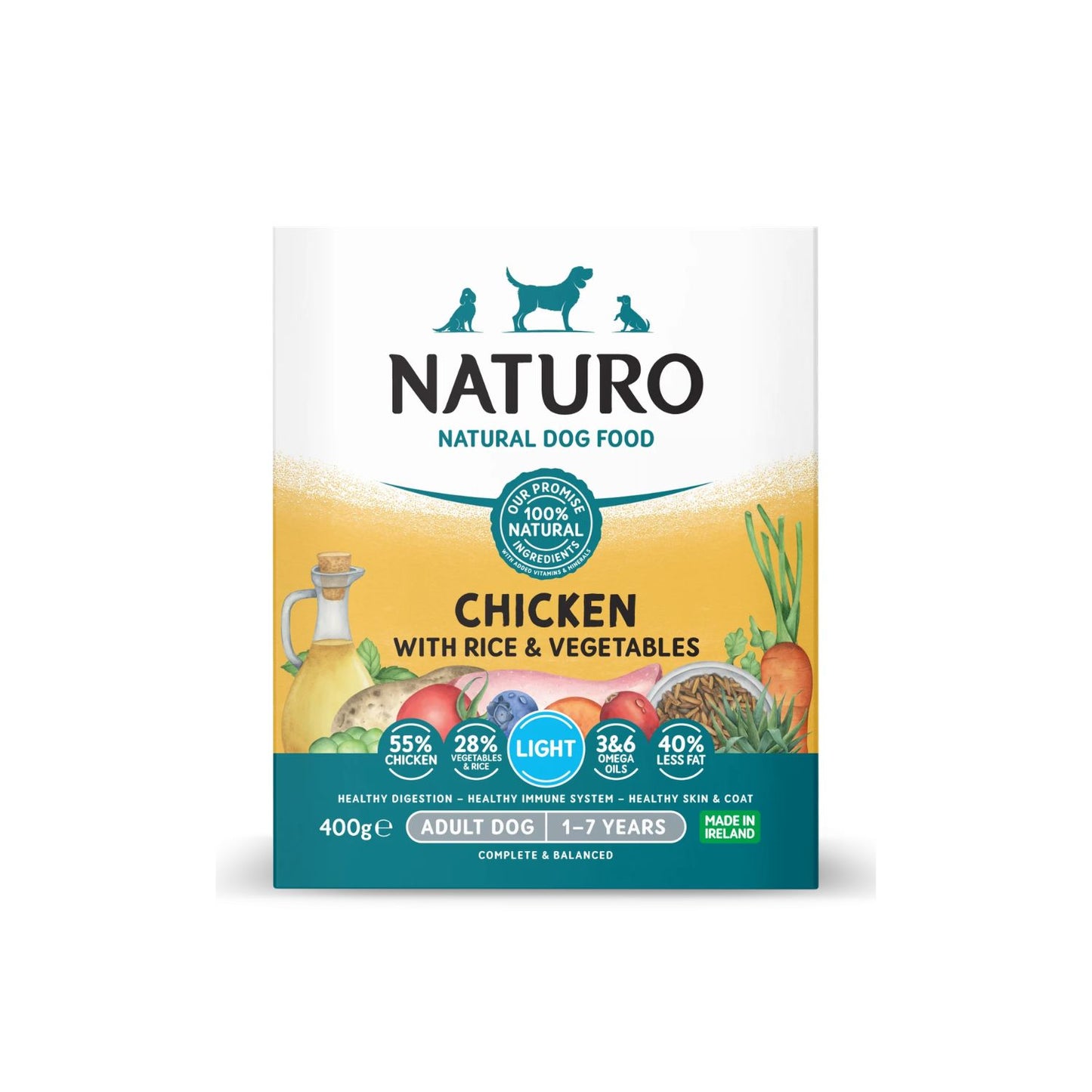 Naturo Caserola, Hrana Umeda pentru Caine Adult, Light, cu Carne de Pui, Orez si Legume 400g