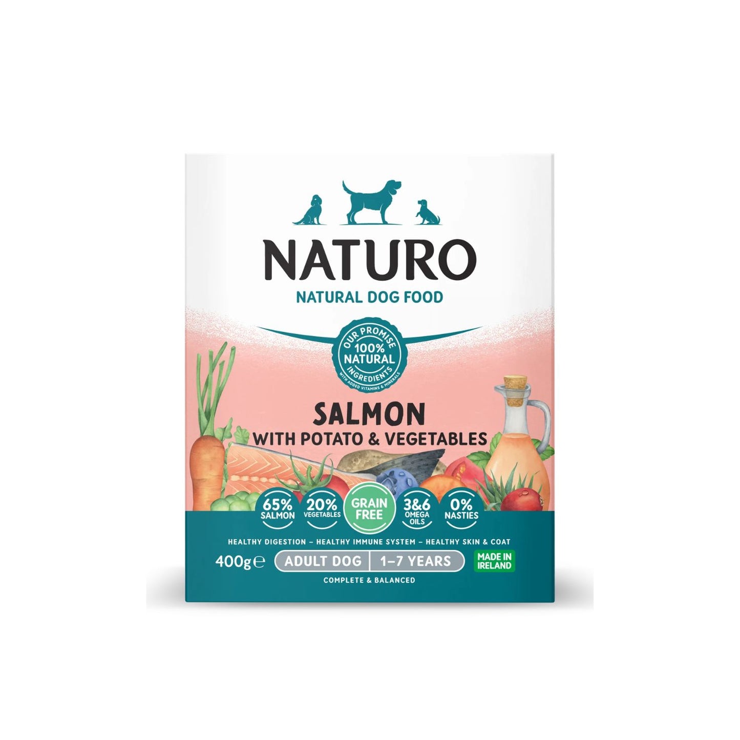 Naturo Caserola, Hrana Umeda pentru Caine Adult, cu Carne de Somon, Cartofi si Legume, Fara Cereale, 400g