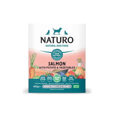 Naturo Caserola, Hrana Umeda pentru Caine Adult, cu Carne de Somon, Cartofi si Legume, Fara Cereale, 400g