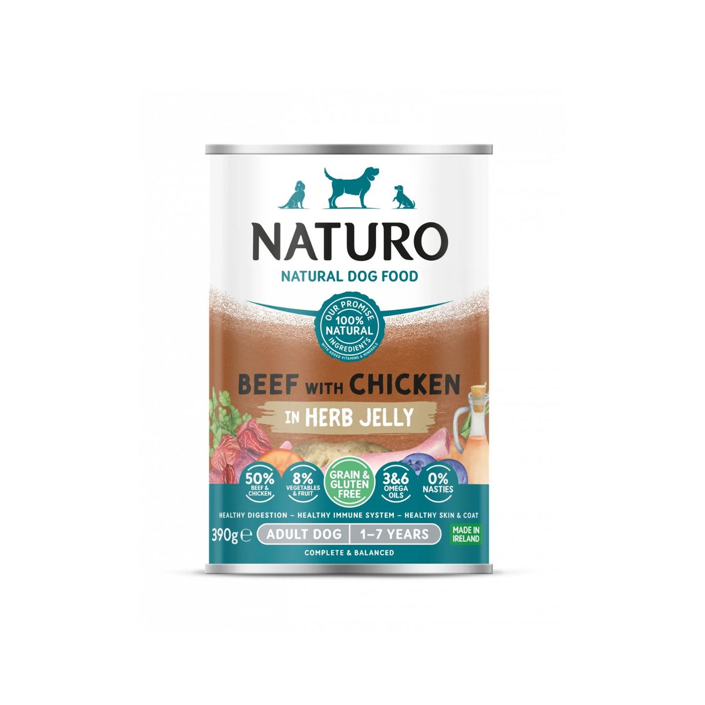 Naturo Conserva, Hrana Umedca pentru Caine Adult, cu Carne de Vita si Pui, Amestec de Legume si Fructe in Jeleu cu Ierburi Aromatice, Fara Cereale, 390g
