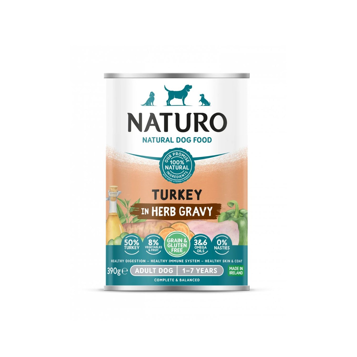 Naturo Conserva, Hrana Umeda pentru Caine Adult, cu Carne de Curcan, Fructe si Legume in Sos cu Ierburi Aromatice, Fara Cereale, 390g