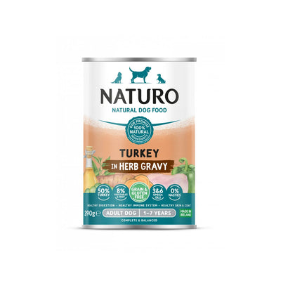 Naturo Conserva, Hrana Umeda pentru Caine Adult, cu Carne de Curcan, Fructe si Legume in Sos cu Ierburi Aromatice, Fara Cereale, 390g