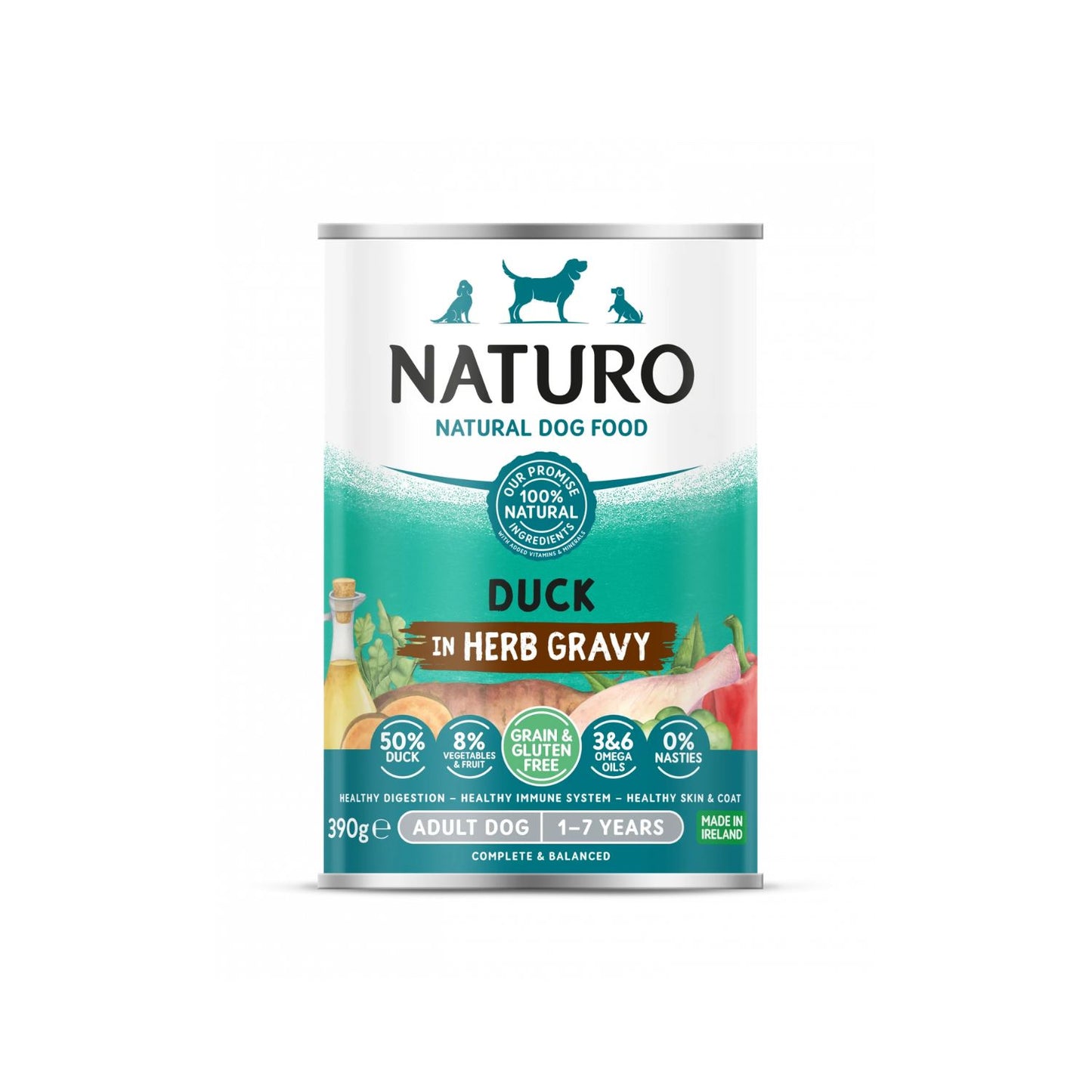 Naturo Conserva, Hrana Umeda pentru Caine Adult, cu Carne de Rata, Fructe si Legume in Sos cu Ierburi Aromatice, Fara Cereale, 390g