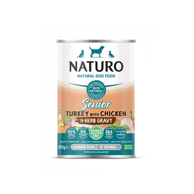 Naturo Conserva, Hrana Umeda pentru Caine Senior, cu Carne de Curcan si Pui, Amestec de Fructe si Legume in Sos cu Ierburi Aromatice, Fara Cereale, 390g