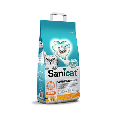 Nisip pentru litiera Sanicat Clumping White Duo, Bentonita Alba cu Vanilie si Mandarine 10L