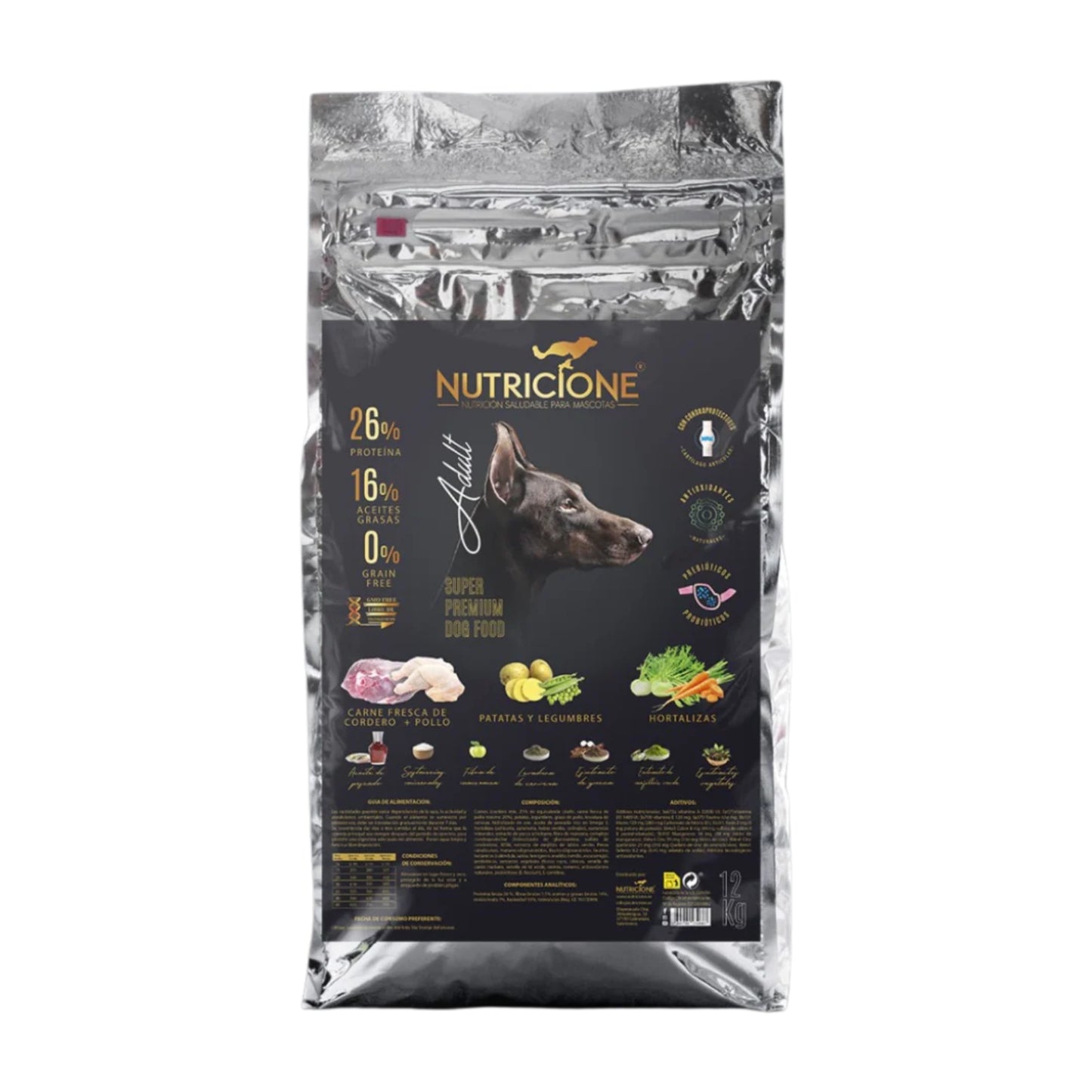 Nutricione Hrana Uscata pentru Caini Adulti cu Carne Proaspata, Miel si Pui, Fara Cereale, 12 Kg