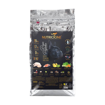 Nutricione Hrana Uscata pentru Caini Rase Mici cu Carne Proaspata de Pui si Somon, Fara Cereale, 4kg / 10kg