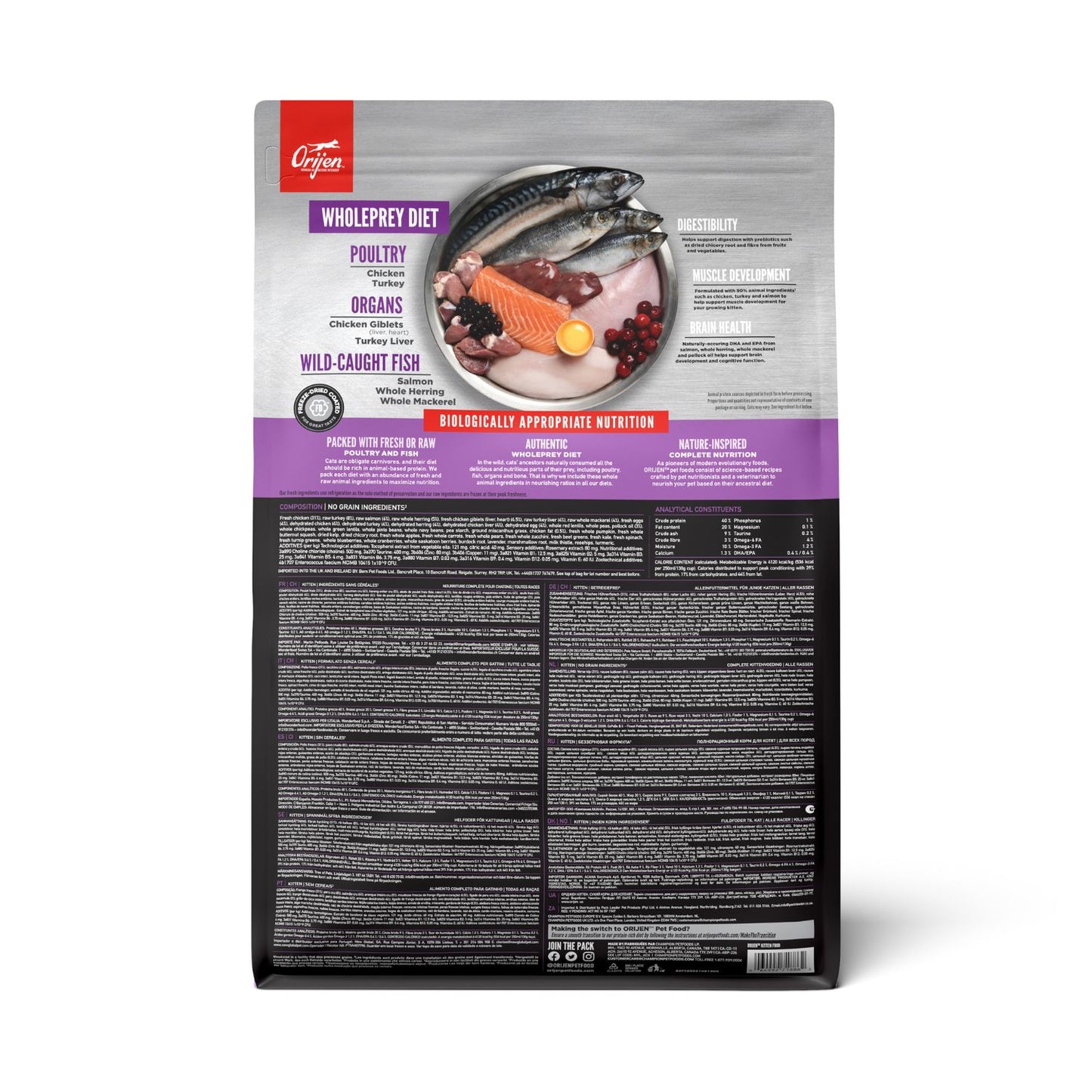 ORIJEN Kitten, Hrana Uscata pentru Pisici Junior, 90% Ingrediente Animale, cu Pui, Curcan si Somon, Fara Cereale, 1.8kg