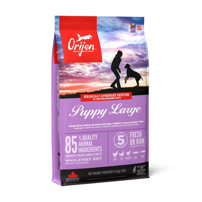 ORIJEN Puppy Large Breed, Hrana Uscata Caini Junior Talie Mare, 85% Ingrediente Animale, cu Pui, Curcan si Peste, Fara Cereale, 11.4kg