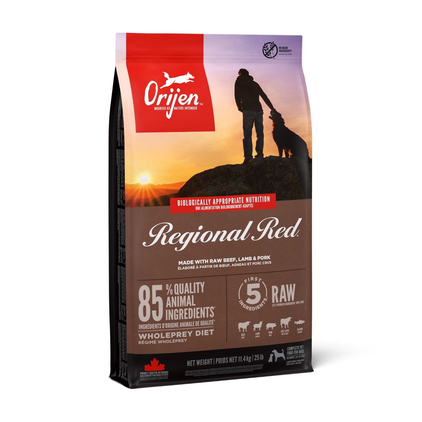 ORIJEN Regional Red, Hrana Uscata pentru Caini, Toate Etapele de Viata, 85% Ingrediente Animale, cu Vita, Miel, Porc si Somon, Fara Cereale, 11.4kg