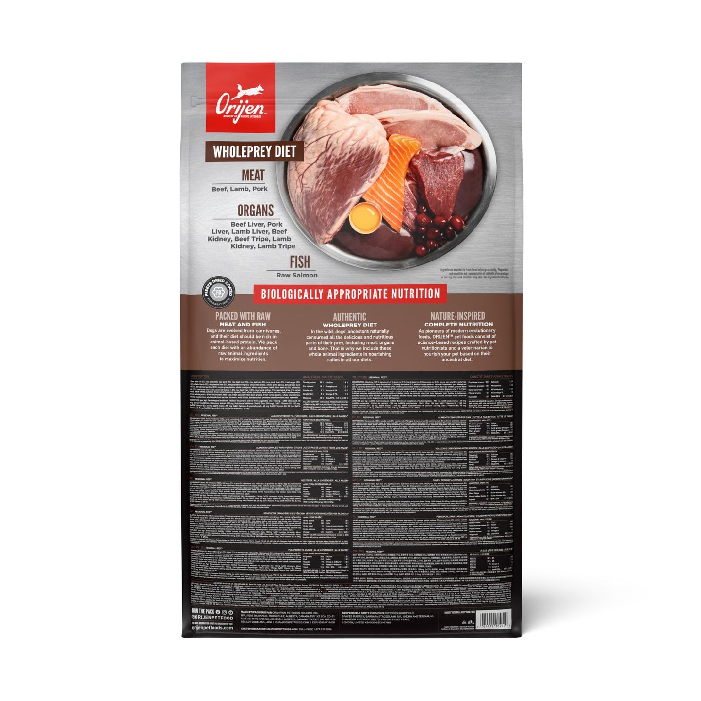 ORIJEN Regional Red, Hrana Uscata pentru Caini, Toate Etapele de Viata, 85% Ingrediente Animale, cu Vita, Miel, Porc si Somon, Fara Cereale, 11.4kg