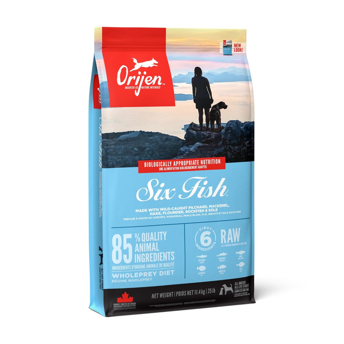 ORIJEN Six Fish, Hrana Uscata pentru Caini, Toate Etapele de Viata, cu 6 Pesti Salbatici, 85% Ingrediente Animale, Fara Cereale, 2kg / 11.4kg