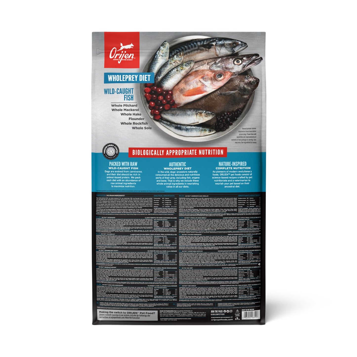 ORIJEN Six Fish, Hrana Uscata pentru Caini, Toate Etapele de Viata, cu 6 Pesti Salbatici, 85% Ingrediente Animale, Fara Cereale, 2kg / 11.4kg