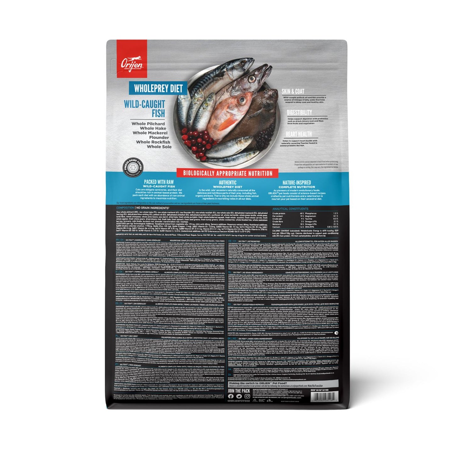 ORIJEN Six Fish, Hrana Uscata pentru Pisici, Toate Etapele de Viata, 85% Ingrediente din Peste, cu 6 Specii de Peste Salbatic, Fara Cereale, 1.8kg / 5.4kg