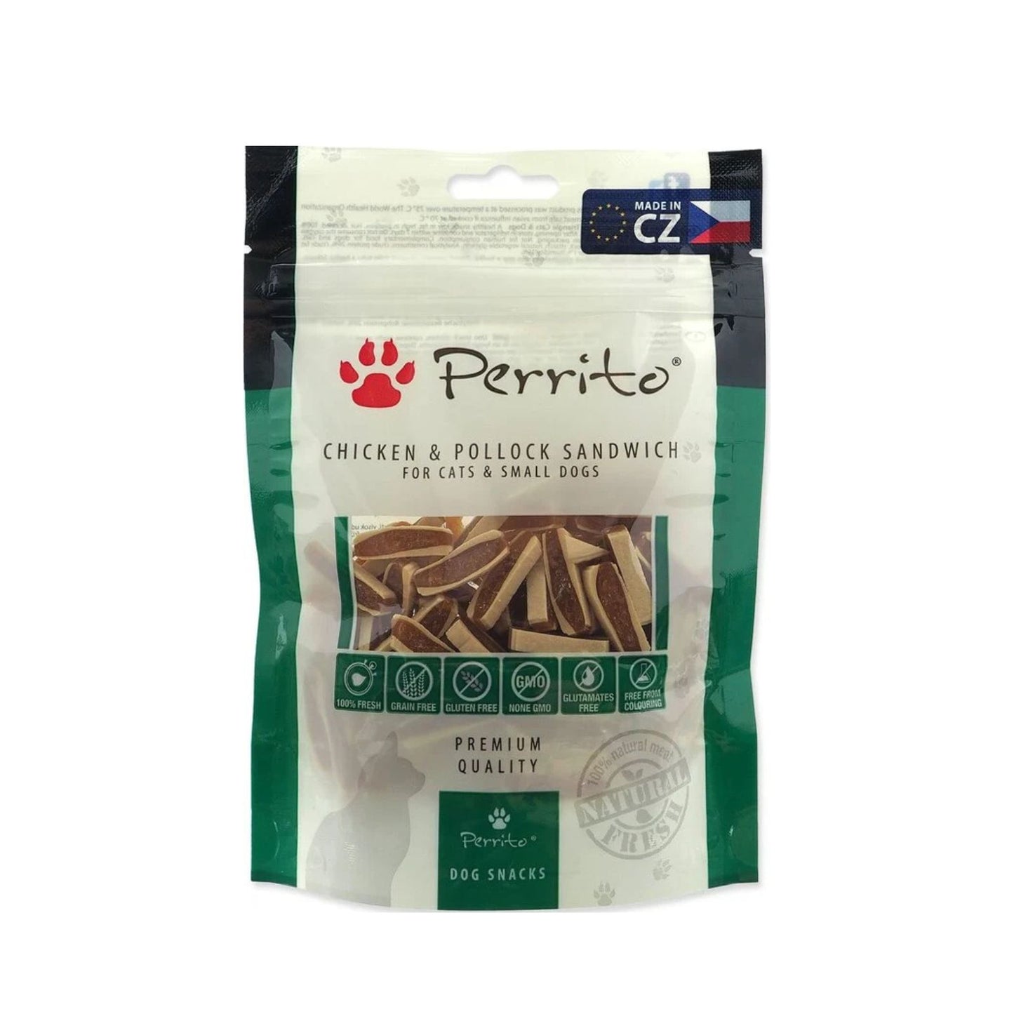 Perrito Chicken & Pollock Sandwich, Recompense Moi din Pui și Cod pentru Caini de Talie Mica si Pisici, 100g
