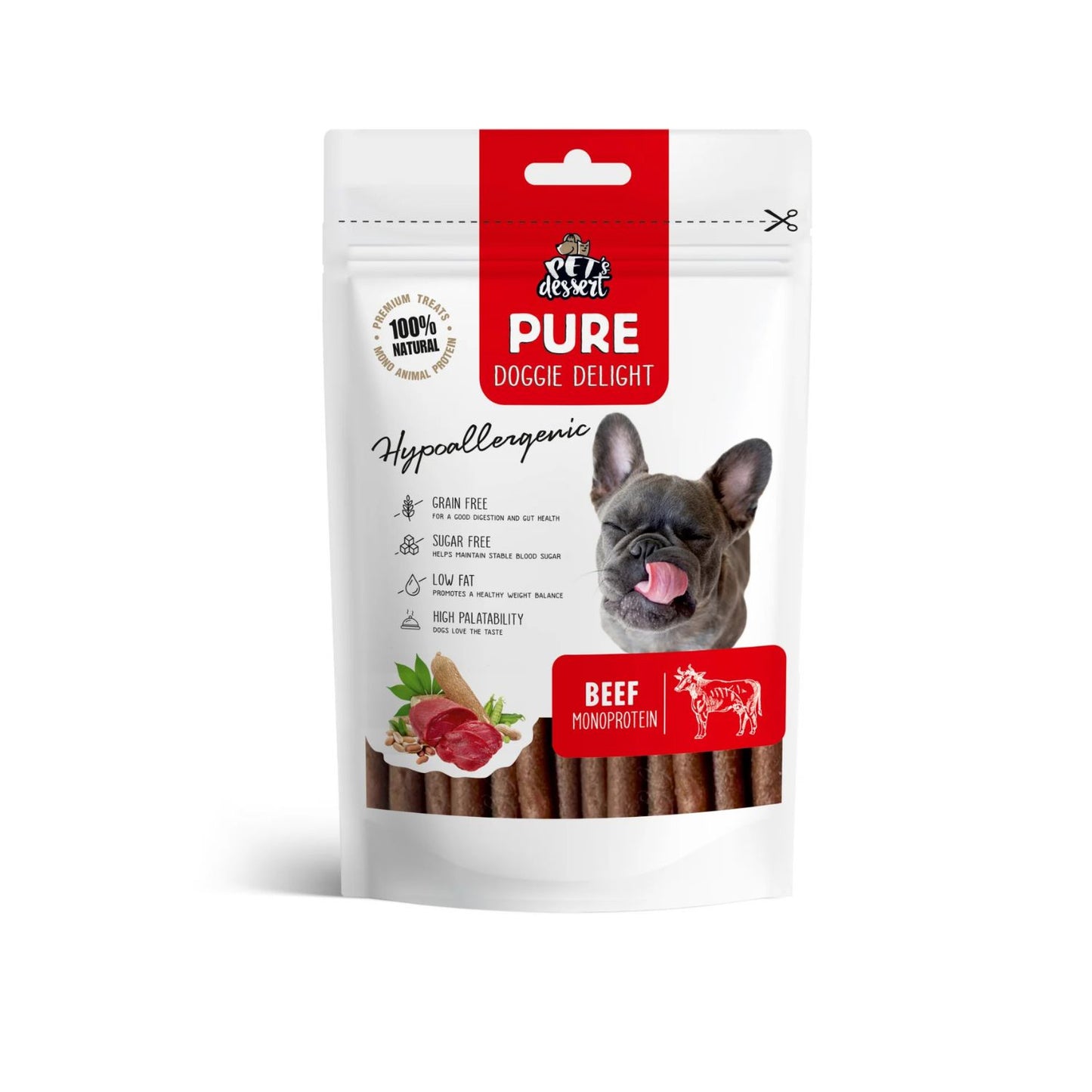 Pet's Dessert Beef, Recompense Monoprotein Hipoalergenice pentru Caini, cu Carne de Vita, Fara Cereale, 80g