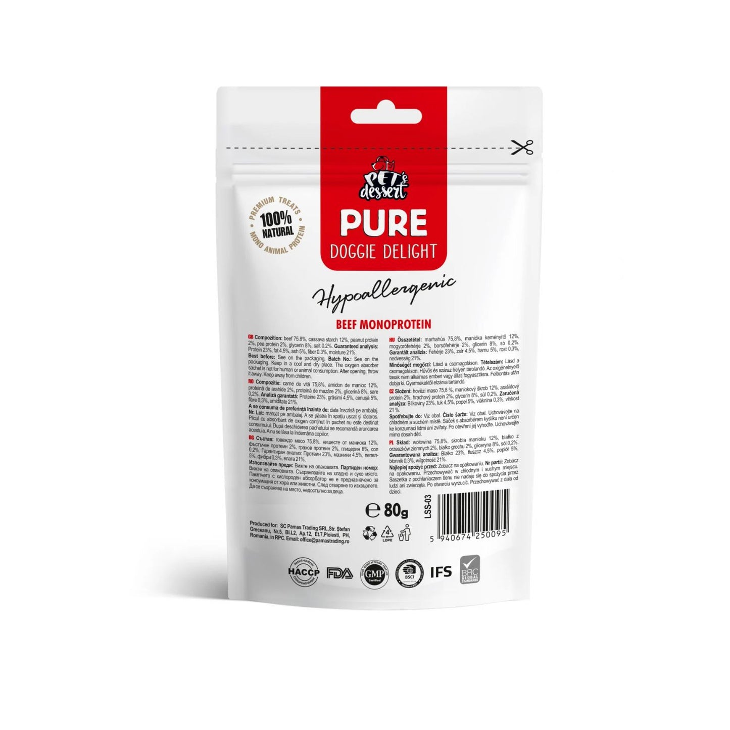Pet's Dessert Beef, Recompense Monoprotein Hipoalergenice pentru Caini, cu Carne de Vita, Fara Cereale, 80g