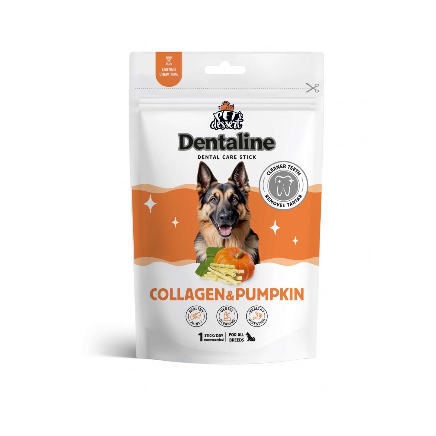Pet's Dessert Dentaline Sticks cu Colagen si Dovleac, Recompense Dentare pentru Caini, Igiena Dentara, 100g