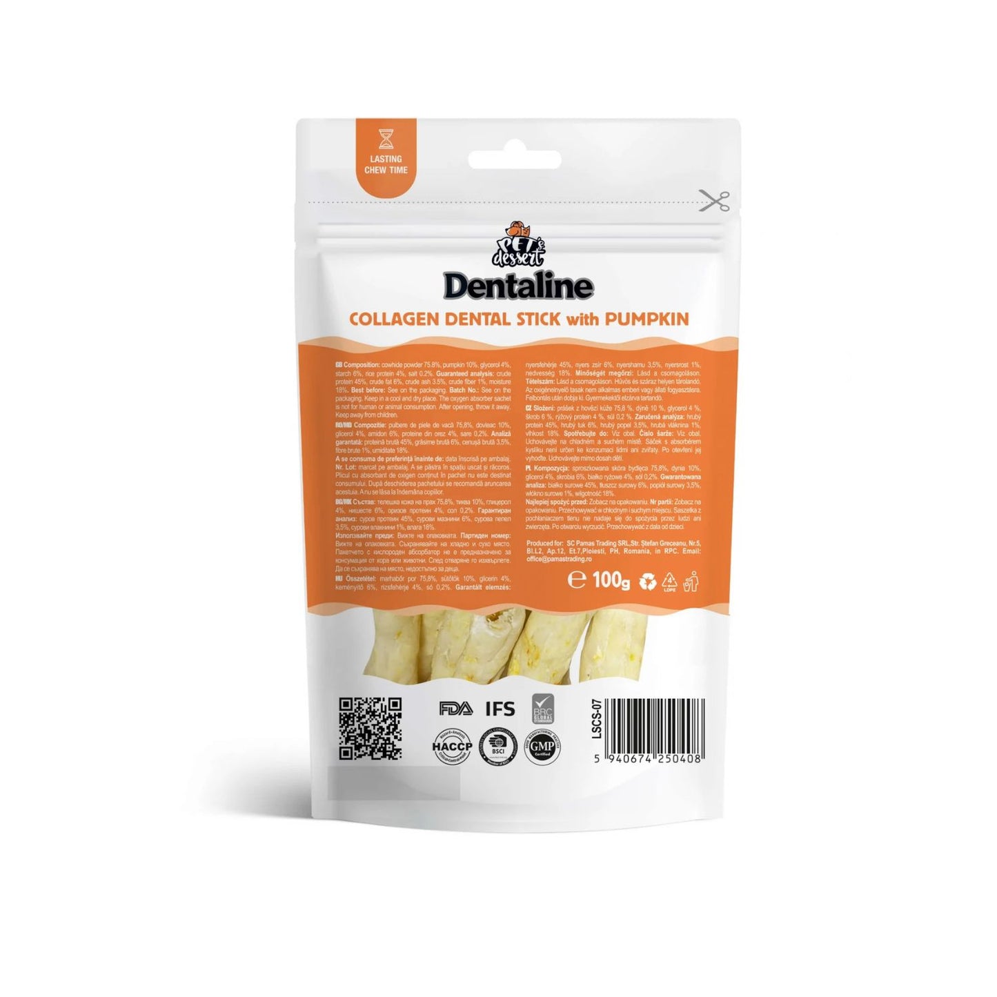 Pet's Dessert Dentaline Sticks cu Colagen si Dovleac, Recompense Dentare pentru Caini, Igiena Dentara, 100g