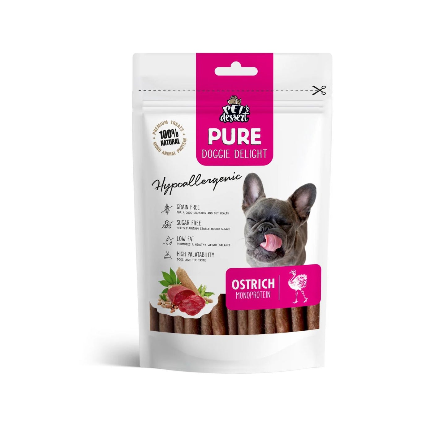 Pet's Dessert Ostrich, Recompense Monoprotein Hipoalergenice pentru Caini, cu Carne de Strut, Fara Cereale, 80g