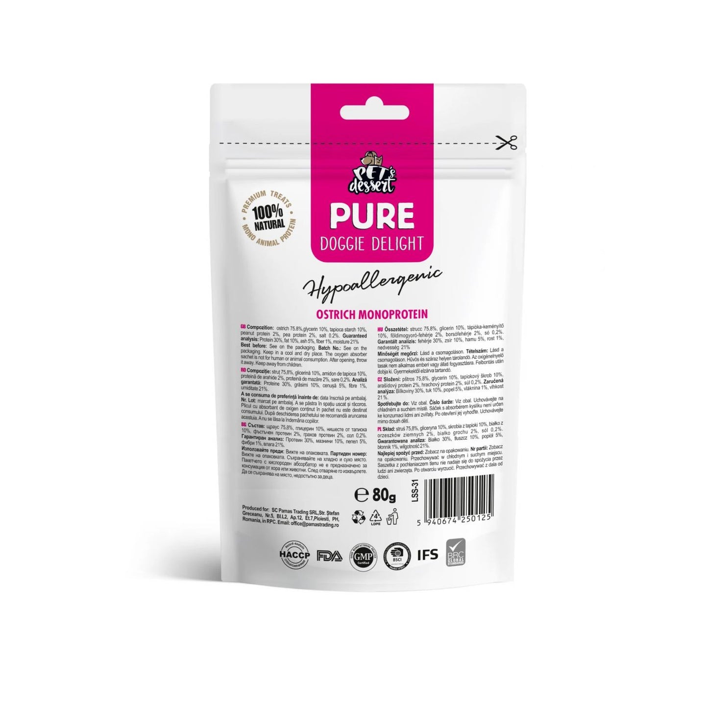 Pet's Dessert Ostrich, Recompense Monoprotein Hipoalergenice pentru Caini, cu Carne de Strut, Fara Cereale, 80g