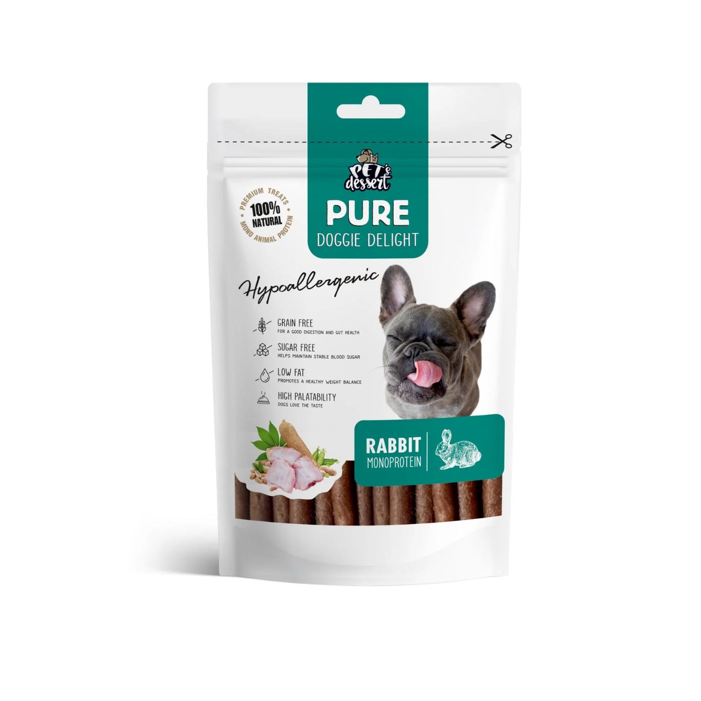 Pet's Dessert Rabbit, Recompense Monoprotein Hipoalergenice pentru Caini, cu Carne de Iepure, Fara Cereale, 80g