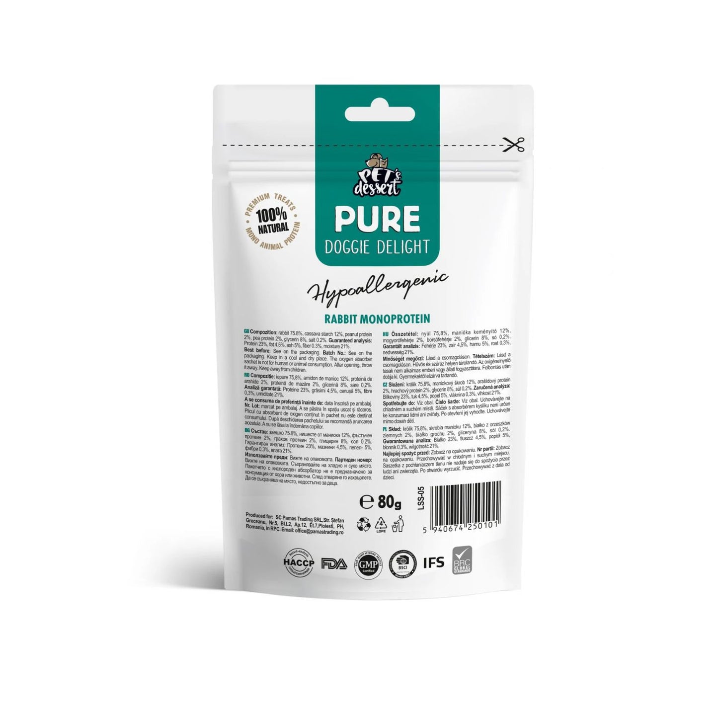 Pet's Dessert Rabbit, Recompense Monoprotein Hipoalergenice pentru Caini, cu Carne de Iepure, Fara Cereale, 80g