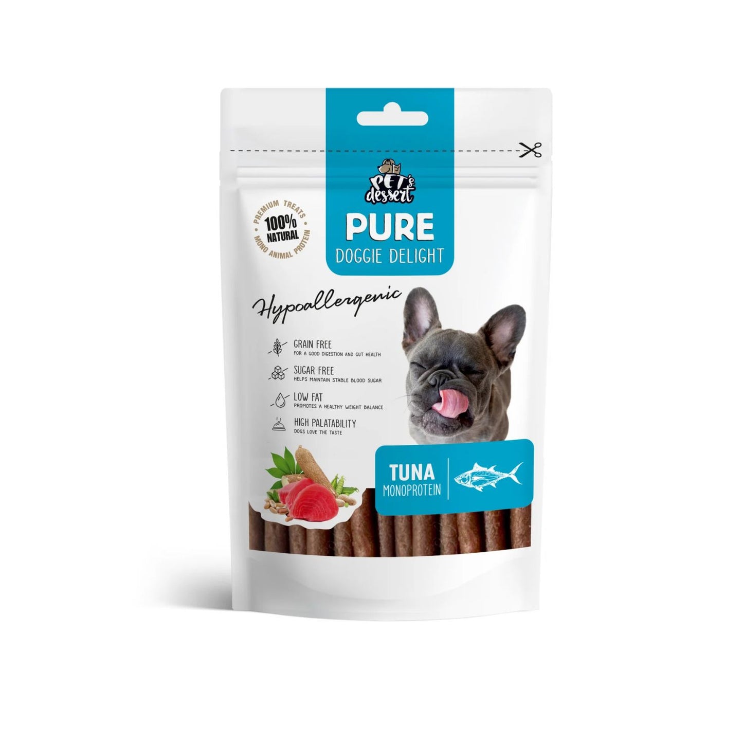 Pet's Dessert Tuna, Recompense Monoprotein Hipoalergenice pentru Caini, cu Ton, Fara Cereale, 80g