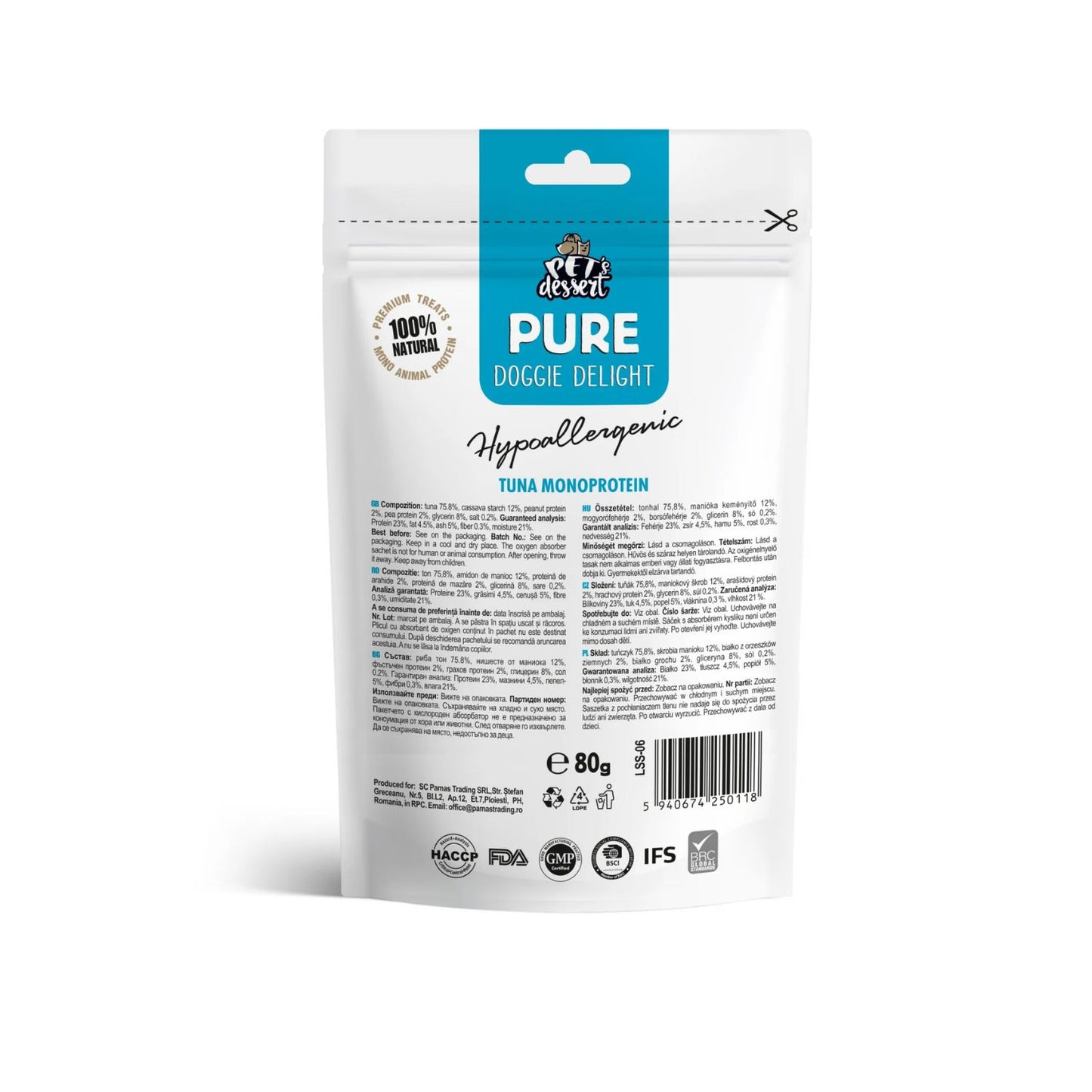 Pet's Dessert Tuna, Recompense Monoprotein Hipoalergenice pentru Caini, cu Ton, Fara Cereale, 80g