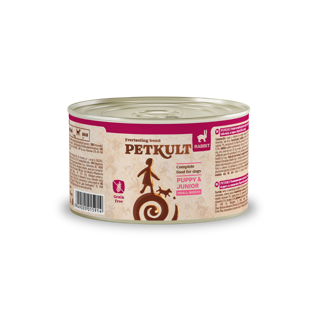 Petkult Mini Junior cu Iepure, Hrana Umeda pentru Caini Junior, Talie Mica, Fara Cereale, 185g
