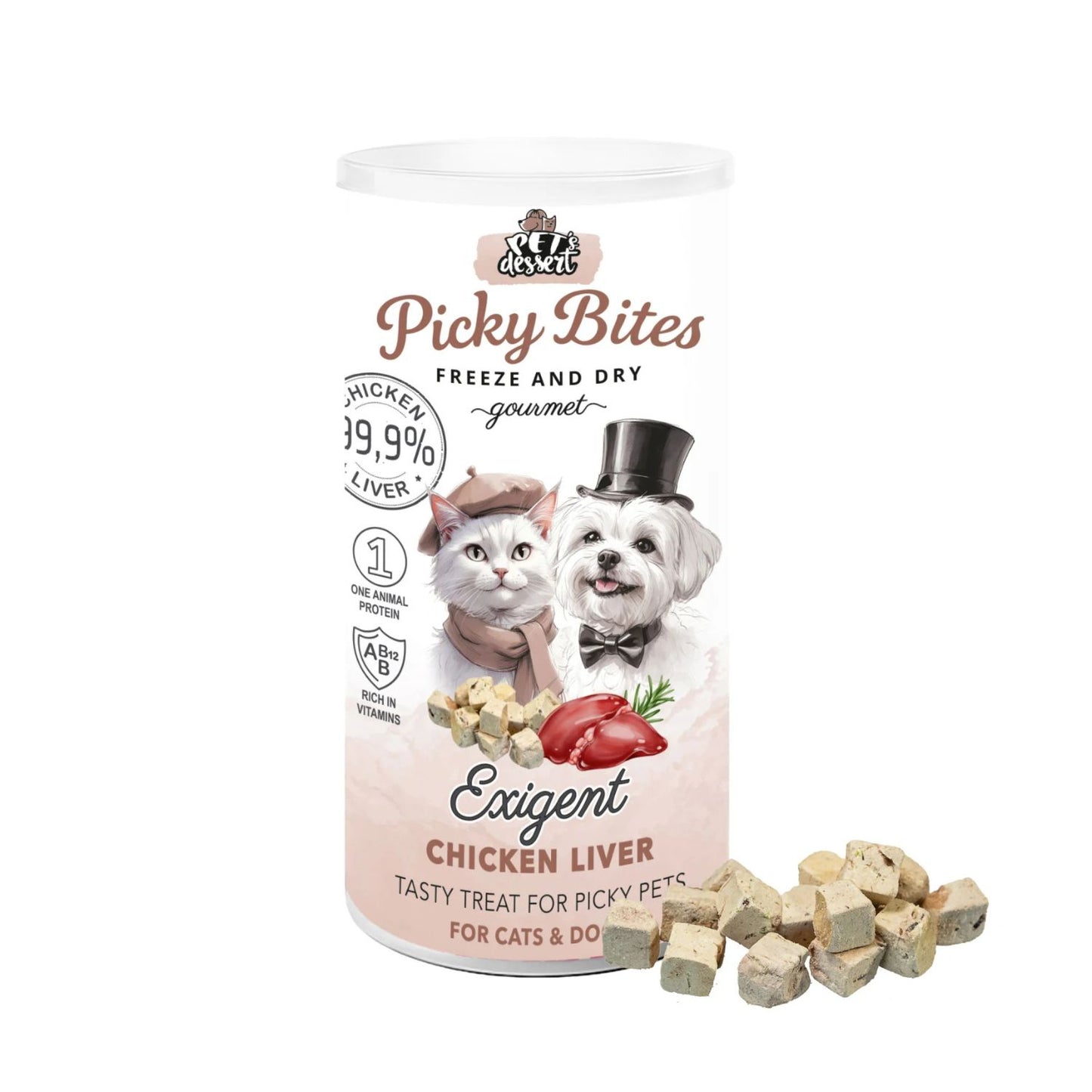Picky Bites Exigent, Recompense Freeze-Dried pentru Pisici si Caini, cu Ficat de Pui, Monoprotein, 30g