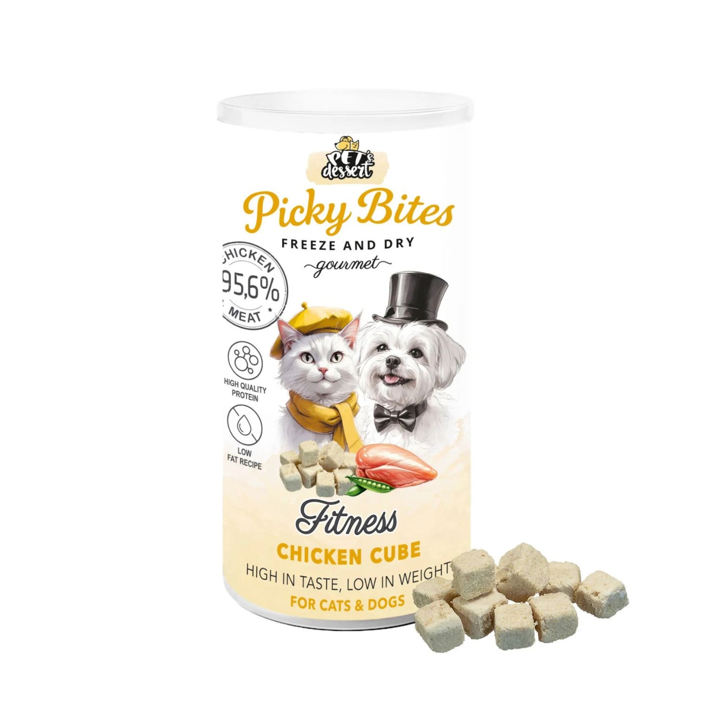 Picky Bites Fitness, Recompense Freeze-Dried pentru Pisici si Caini, Cuburi de Pui, High Protein Low Fat, 30g