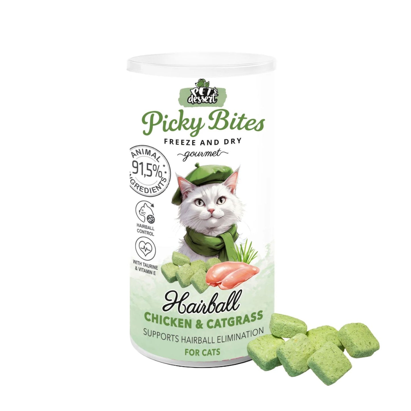 Picky Bites Hairball, Recompense Freeze-Dried pentru Pisici, cu Pui si Iarba de Pisica, Control Ghemotoace, 30g