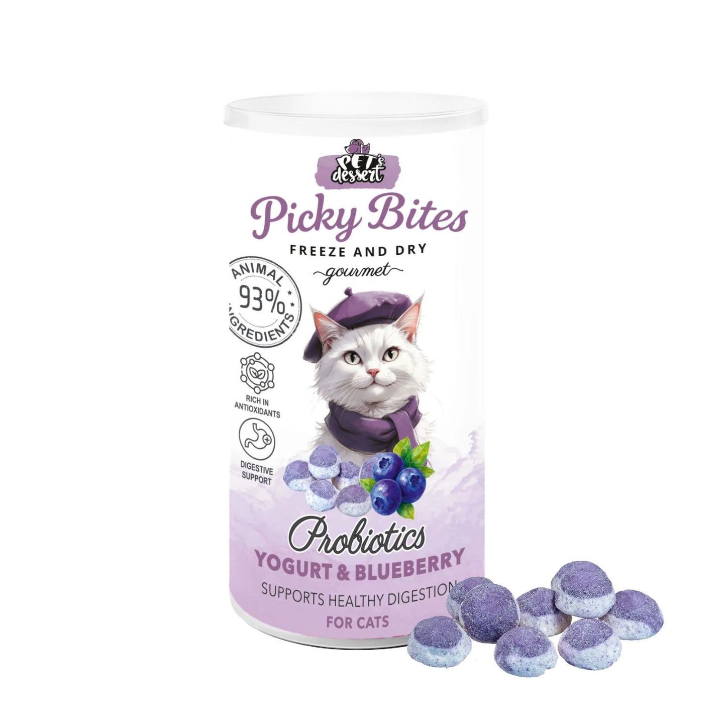 Picky Bites Probiotics, Recompense Freeze-Dried pentru Pisici, cu Iaurt si Afine, Digestie si Flora Intestinala, 30g