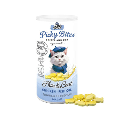 Picky Bites Skin & Coat, Recompense Freeze-Dried pentru Pisici, cu Pui si Ulei de Peste, Blana si Piele Sanatoasa, 30g