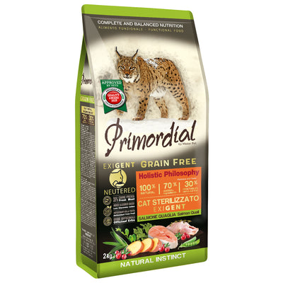 Primordial Grain-Free Holistic Cat Adult Neutered Exigent cu Somon si Prepelita, 2kg / 6kg