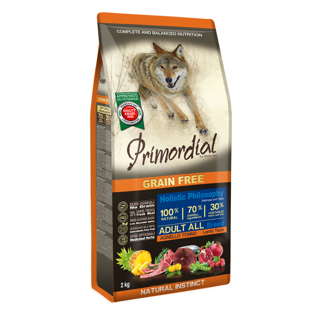 Primordial Holistic Dog Adult, Hrana Uscata pentru Caine, cu Miel si Ton, Fara Cereale, 2kg / 12kg