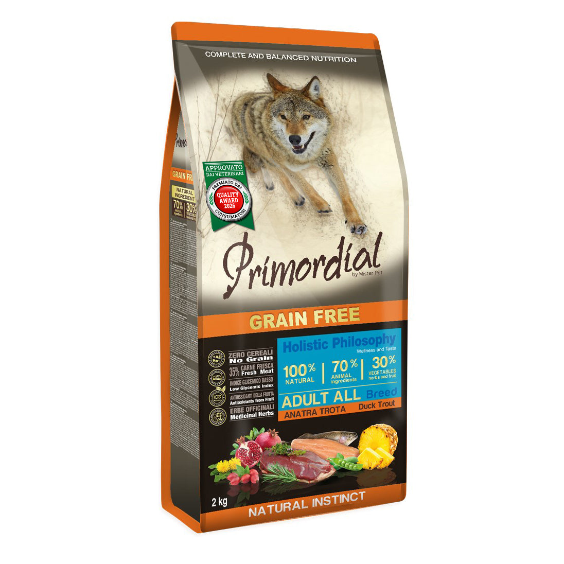 Primordial Holistic Dog Adult, Hrana Uscata pentru Caine, cu Rata si Pastrav, Fara Cereale, 12kg