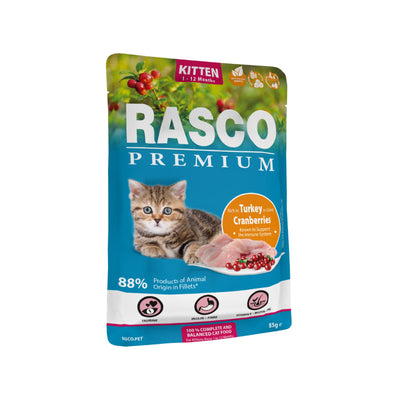 Rasco Premium Kitten, Hrana Umeda pentru Pisoi, Junior, cu Curcan si Merisoare, 85g