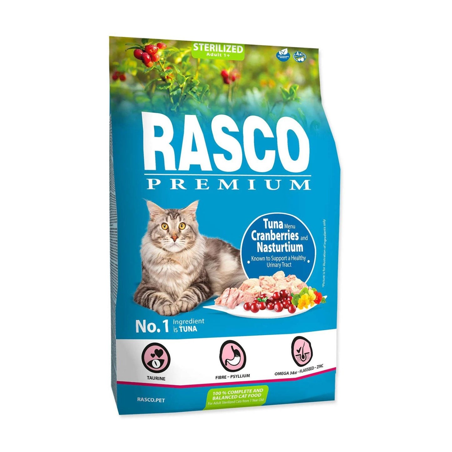 Rasco Premium Sterilized Hrana Uscata pentru Pisici Sterilizate, cu Ton si Merisoare, 400g / 2kg