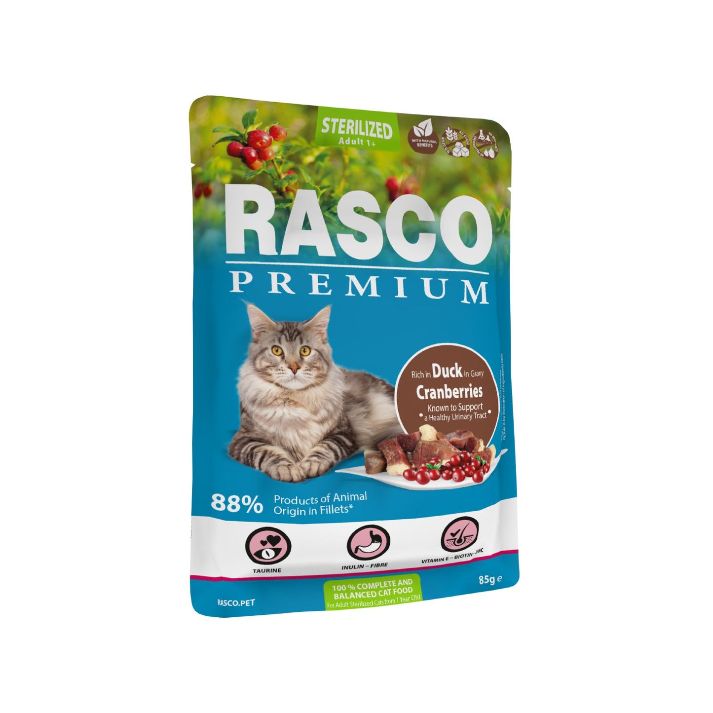 Rasco Premium Sterilized Hrana umeda pentru Pisici Sterilizate, cu Rata si Merisoare, 85g
