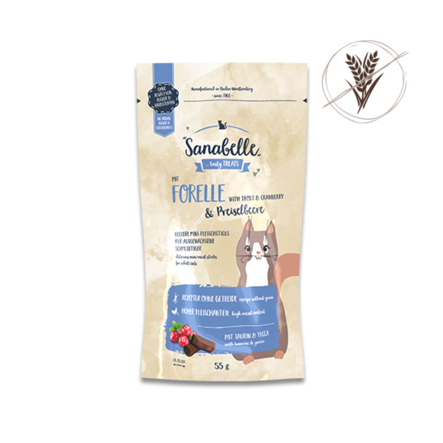 Recompense Pisica Sanabelle Mini Meat Sticks, Grain Free, cu Pastrav si Merisoare, 55g