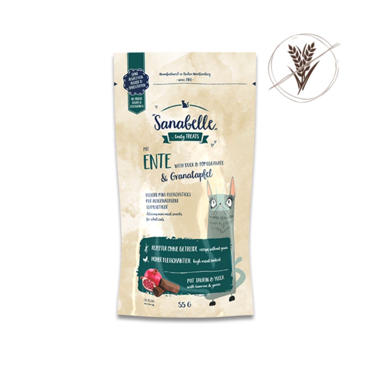 Recompense Pisica Sanabelle Mini Meat Sticks, Grain Free, cu Rata si Rodie, 55g