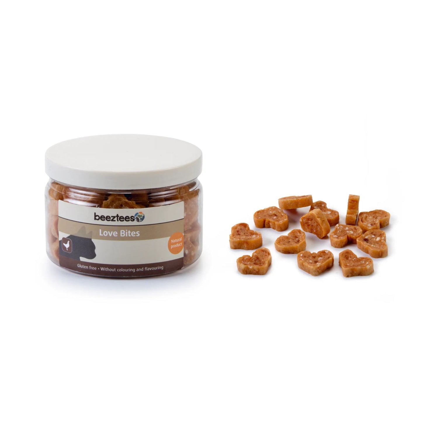 Recompense Pisici Beeztees Love Bites, Inimioare cu Pui, Fara Gluten, 90g