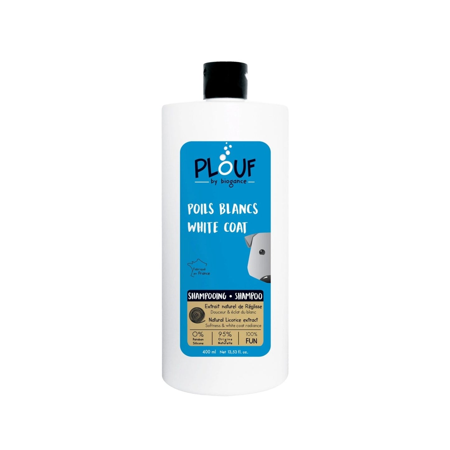 Sampon Biogance Plouf White pentru Caini cu Blană Alba cu Extract de Lemn Dulce, 200 ml